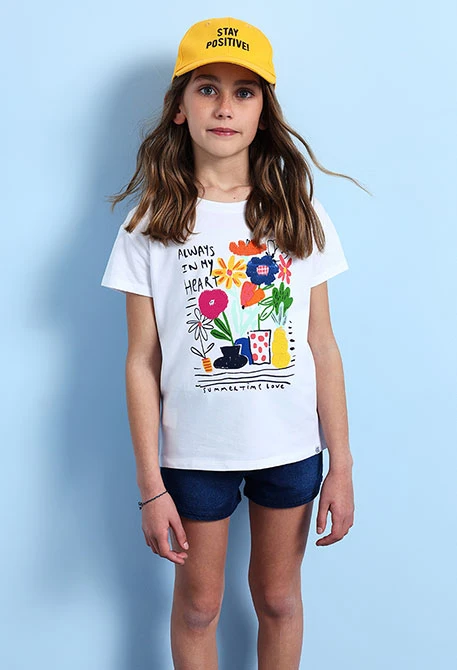 T-shirt de malha para menina em branco com estampado de flores