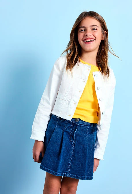 Gonna-pantaloncino in denim elastico per bambina di colore blu