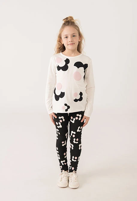 Black, pink, and white floral knit leggings