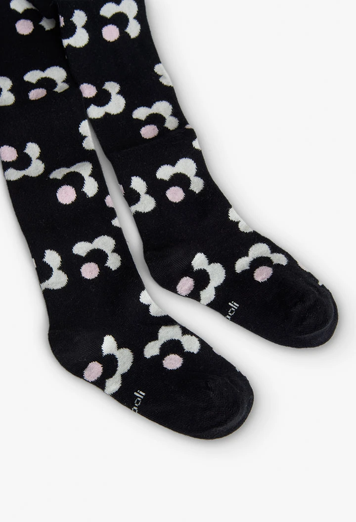 Schwarze Strickstrumpfhose mit Blumen