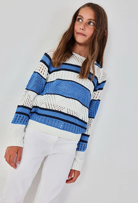 Pull pour fille en coton blanc et bleu