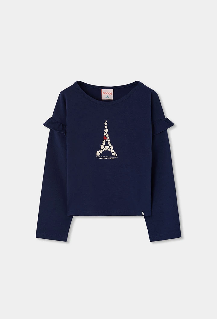T-shirt maille fille bleu marine Tour Eiffel