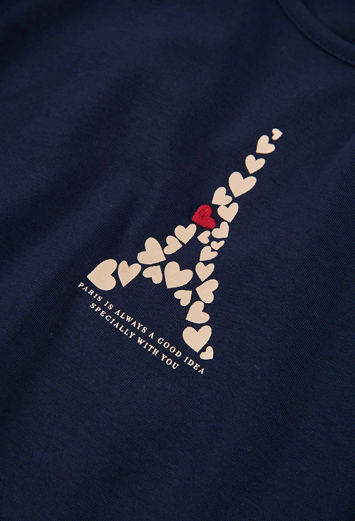 T-shirt maille fille bleu marine Tour Eiffel