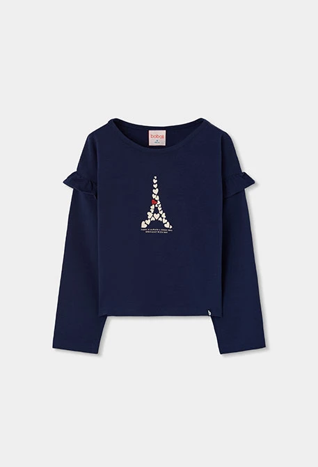 T-shirt maille fille bleu marine Tour Eiffel
