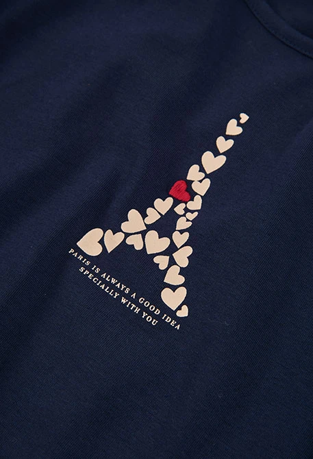 T-shirt maille fille bleu marine Tour Eiffel