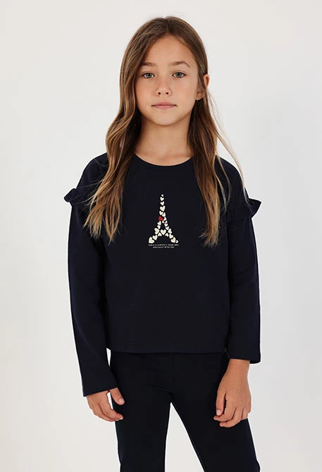 Camiseta de malha menina azul-marinho Torre Eiffel