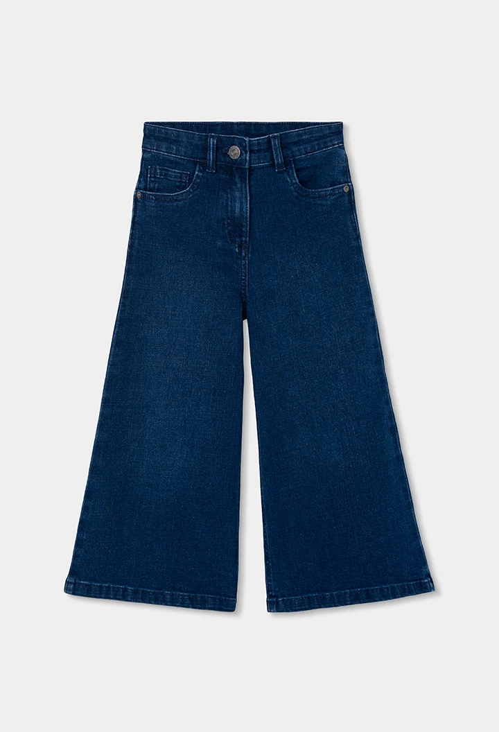 Pantalon denim fille bleu wide leg élastique