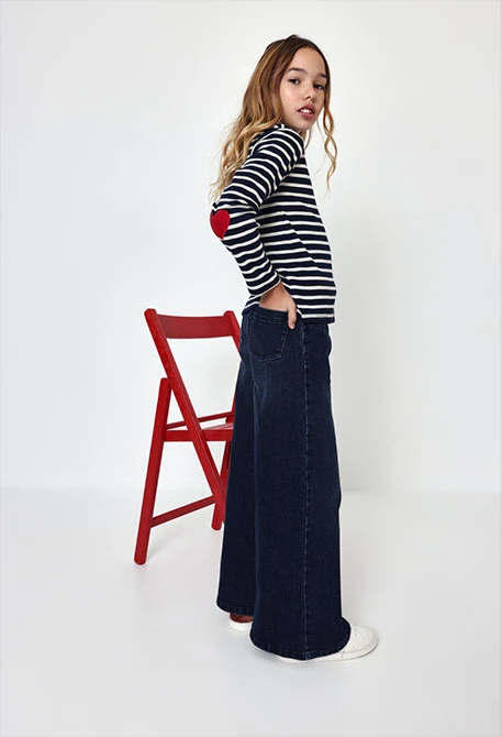Pantalón denim niña azul wide leg elástico