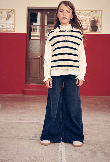 Pantalón denim niña azul wide leg elástico
