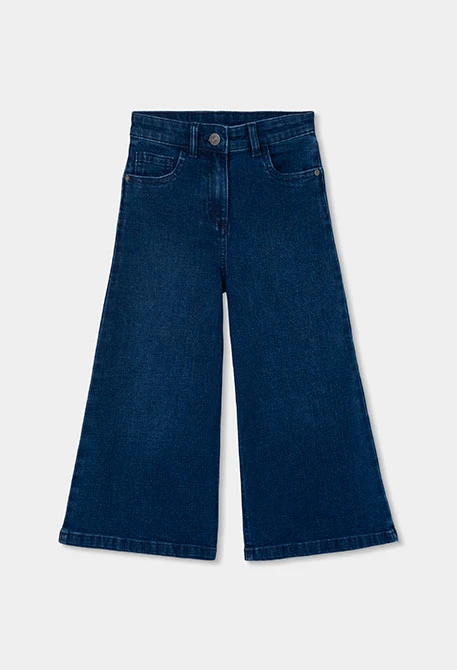 Pantalon denim fille bleu wide leg élastique