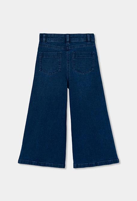 Pantalon denim fille bleu wide leg élastique