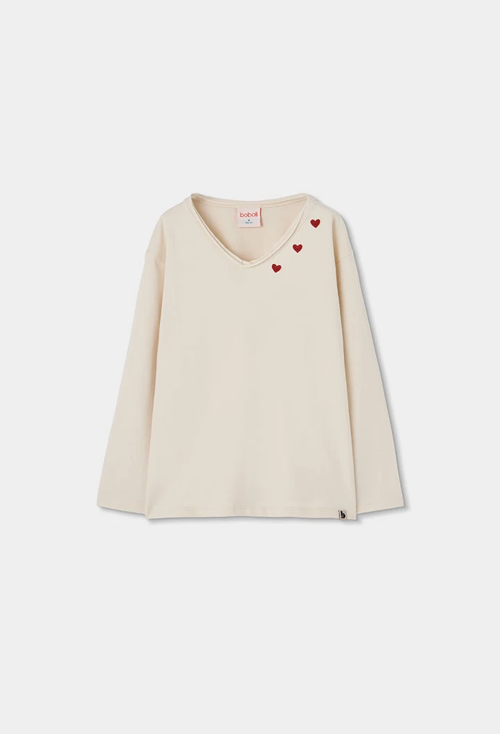 T-shirt en maille fille écru avec cœurs