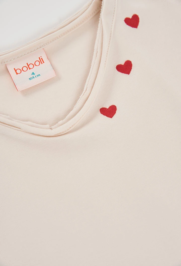 T-shirt en maille fille écru avec cœurs
