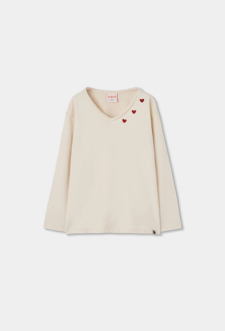 T-shirt en maille fille écru avec cœurs