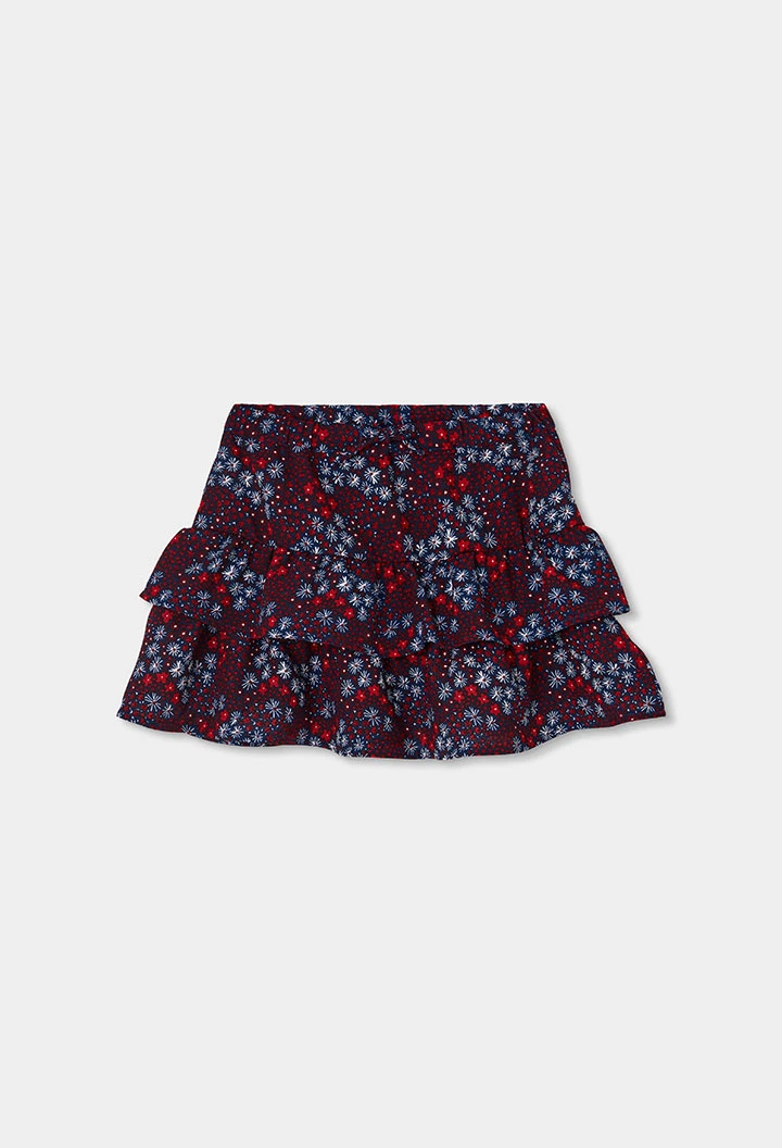Saia estampado flores azul-marinho com folhos