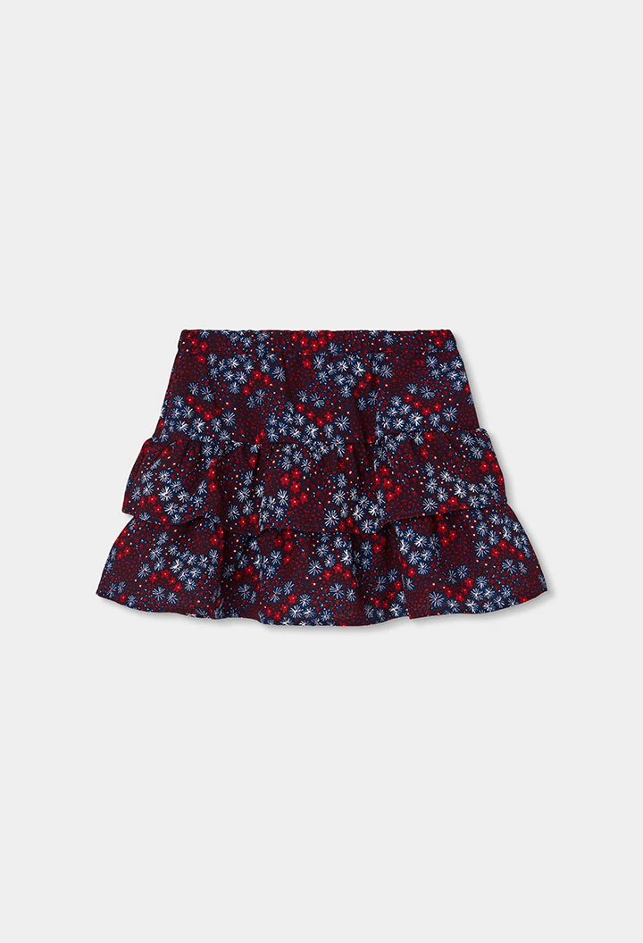 Saia estampado flores azul-marinho com folhos