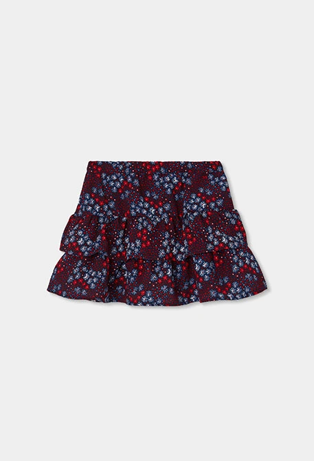 Jupe imprimé fleurs bleu marine à volants
