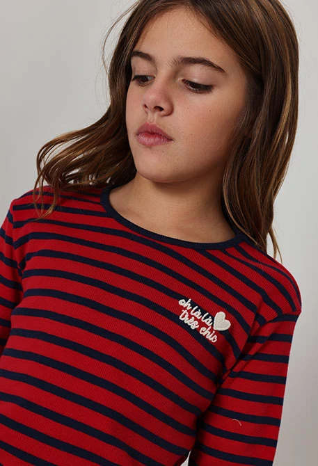 T-shirt en maille fille rouge rayures marinières