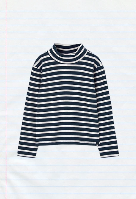 Girl\'s ribbed T-shirt navy blue stripes