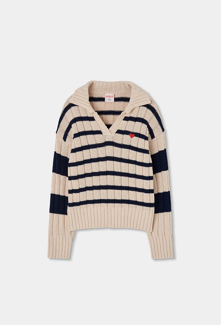 Mädchen-Pullover in Rohweiß mit Streifen und Herz-Stickerei