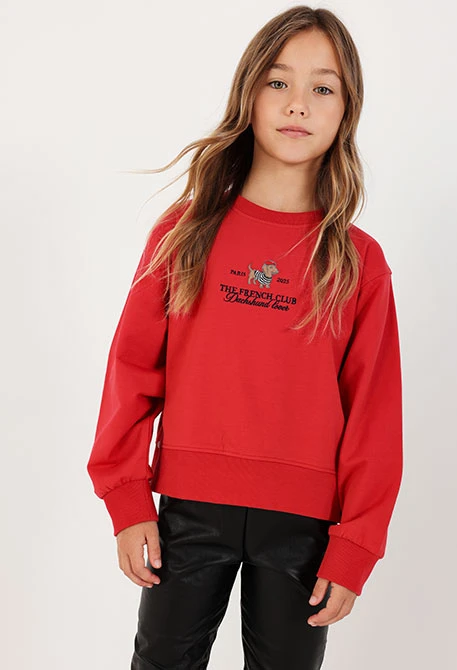 Sweat-shirt en molleton fille grenat broderie chien
