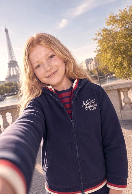 Navy blue girl\'s fleece jacket with hood