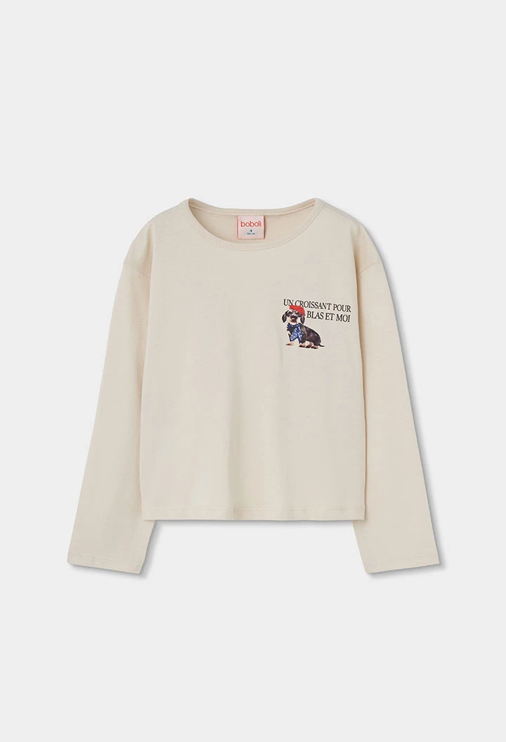 T-shirt en maille fille écru imprimé chien