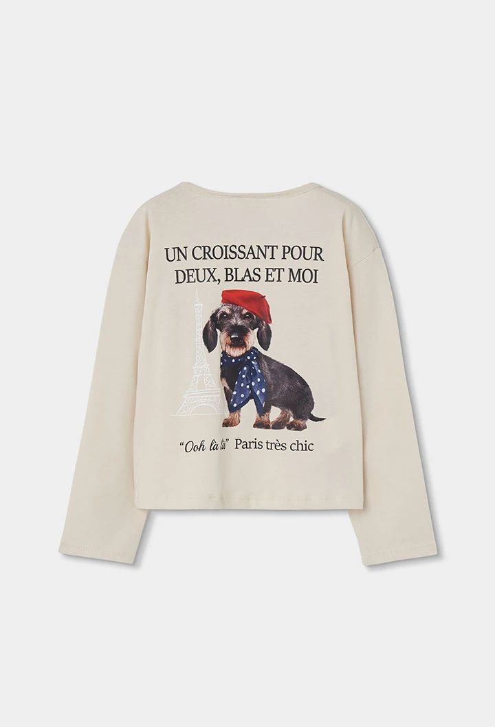 T-shirt en maille fille écru imprimé chien