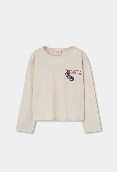 T-shirt en maille fille écru imprimé chien