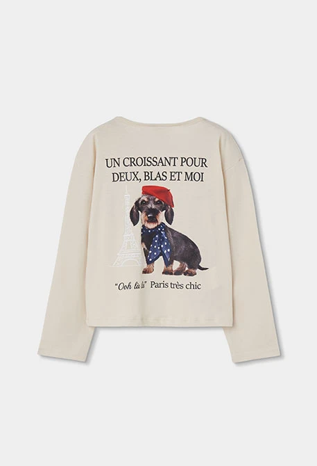 T-shirt en maille fille écru imprimé chien