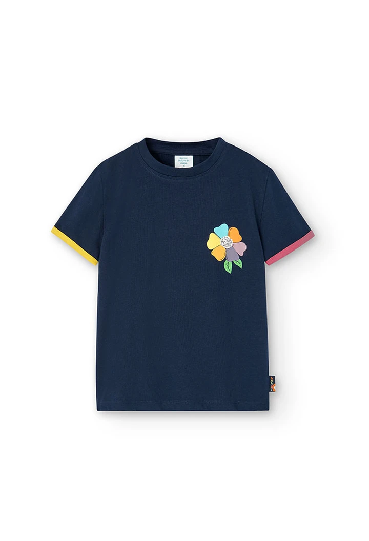 T-shirt tricoté maille élastique pour fille en bleu marine