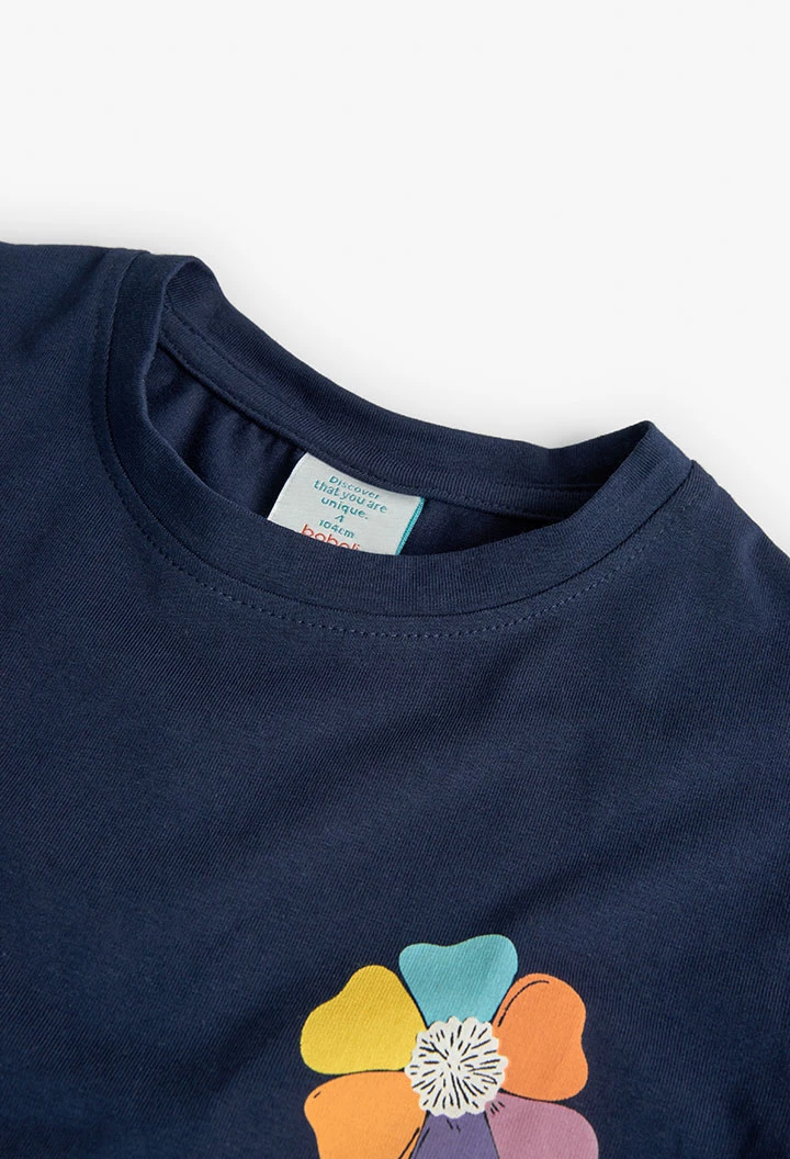 T-shirt tricoté maille élastique pour fille en bleu marine