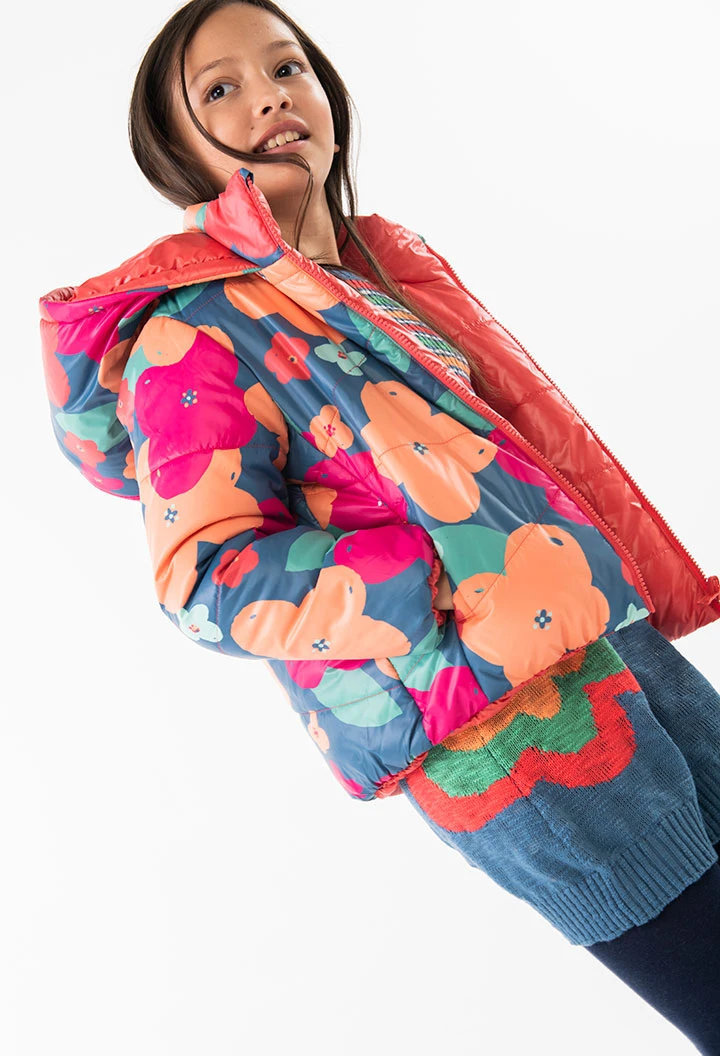 Parka reversível para menina estampada com flores