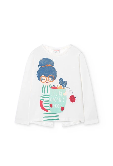 White knitted T-shirt for girls with print