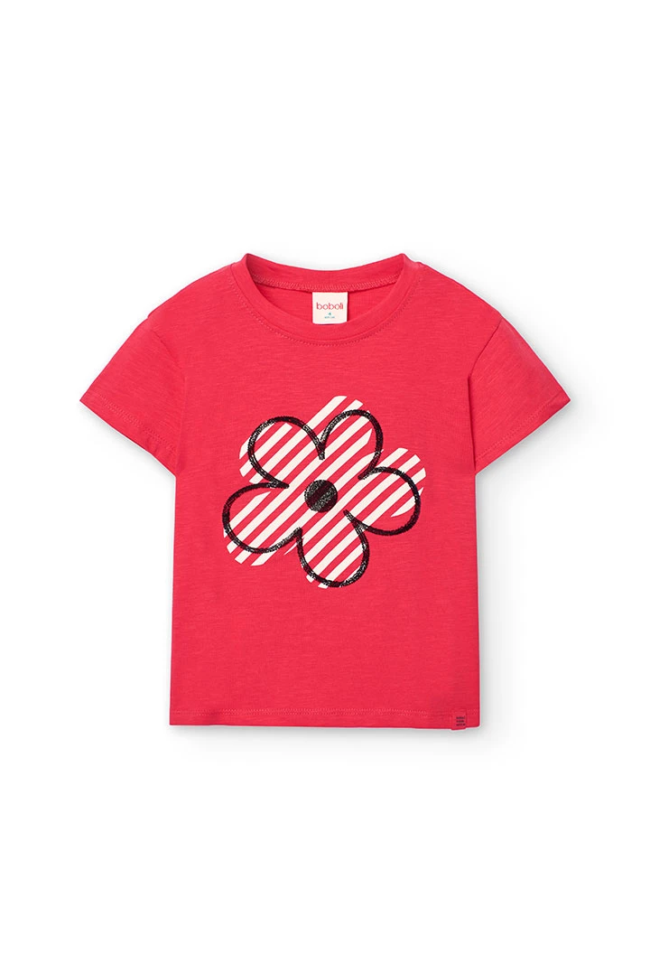 Mädchen-Strick-T-Shirt in Erdbeerfarbe mit Blumenmuster