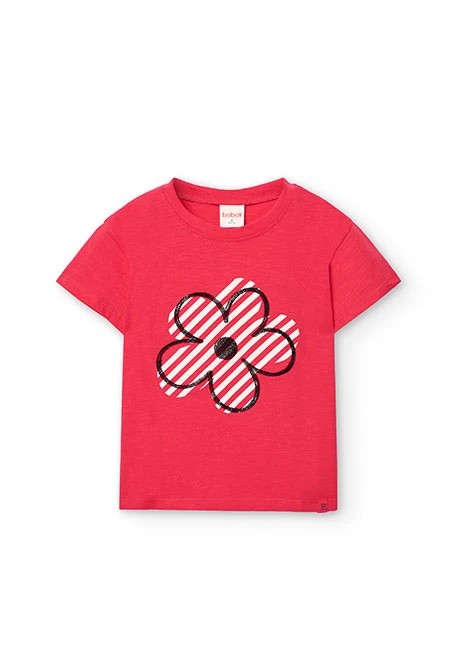 Camiseta de punto para niña en color fresa con diseño de una flor