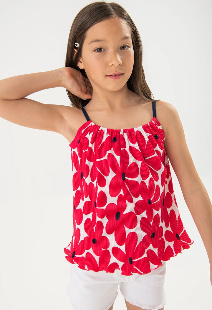 Maglietta a maglia per bambina con stampa floreale in rosso e bianco