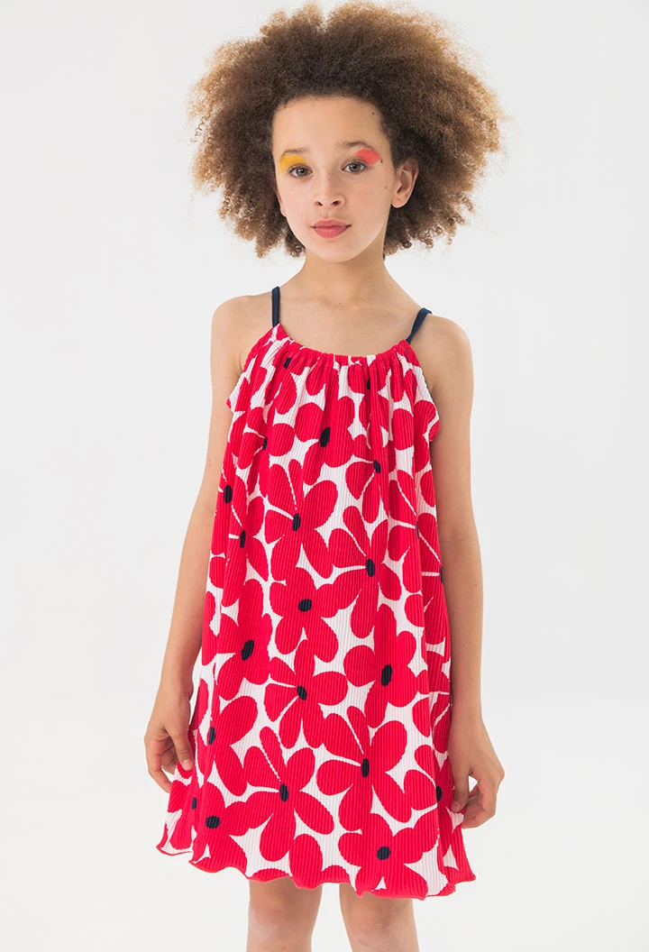 Abito in maglia per bambina con motivo floreale in rosso e bianco.