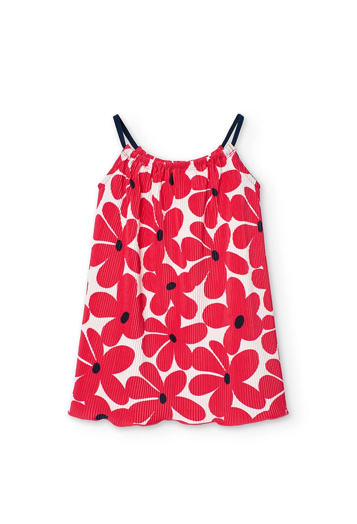 Abito in maglia per bambina con motivo floreale in rosso e bianco.