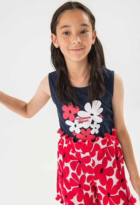 Bermuda en maille pour fille avec imprimé de fleurs rouges