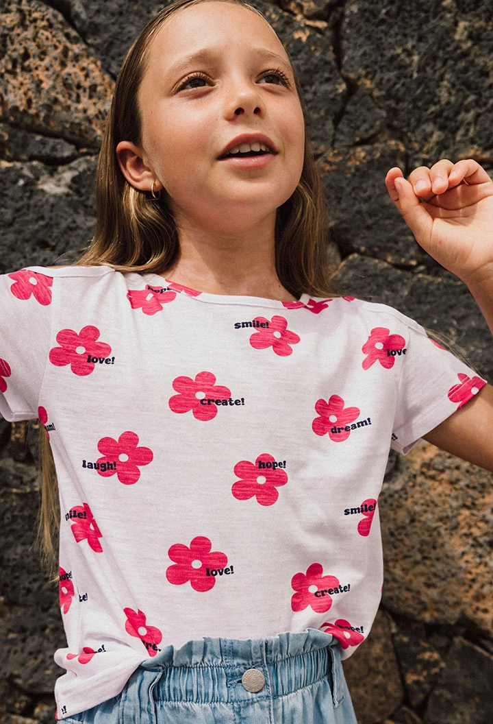 T-shirt en tricot pour fille en couleur blanche avec imprimé de fleurs