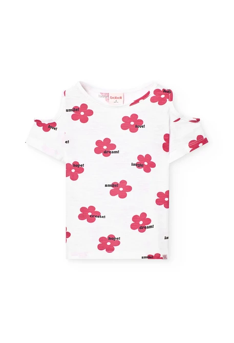 Camiseta de punto para niña en color blanco con estampado de flores