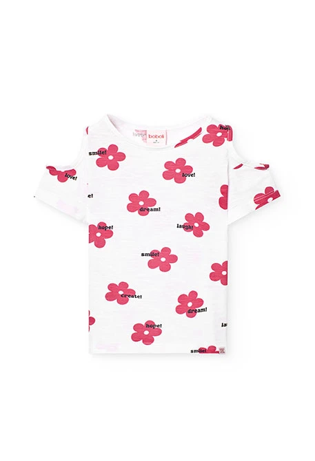 Camiseta de punto para niña en color blanco con estampado de flores