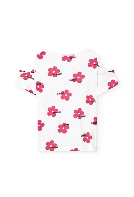 Camiseta de punto para niña en color blanco con estampado de flores