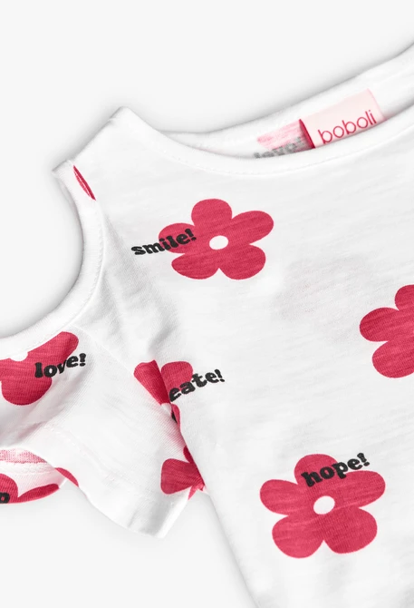 Camiseta de punto para niña en color blanco con estampado de flores