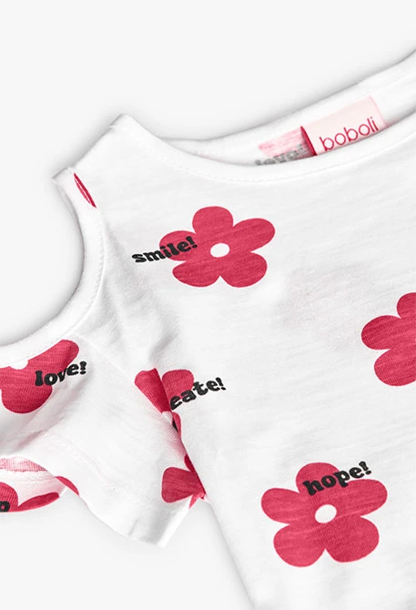 Camiseta de punto para niña en color blanco con estampado de flores