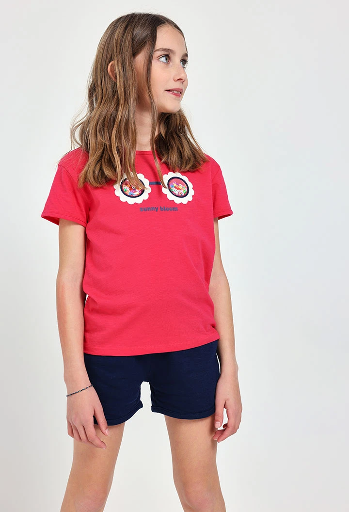 T-shirt de malha para menina em cor morango com estampado