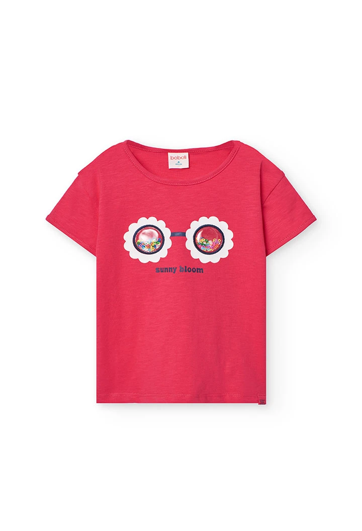 Maglietta a maglia per bambina in colore fragola con stampa