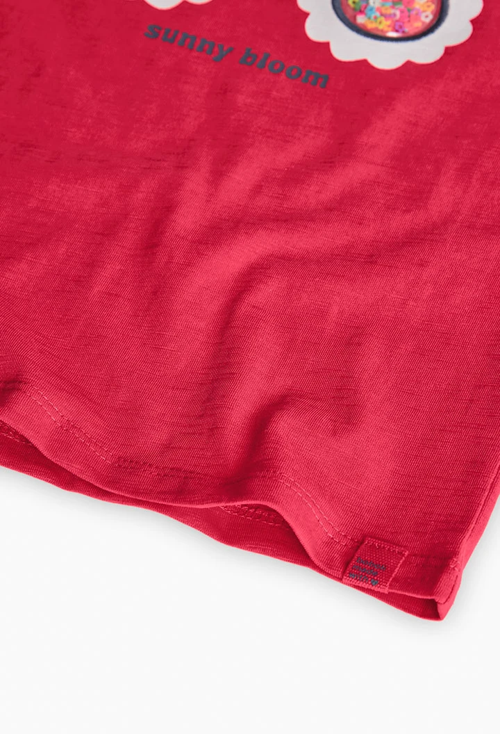 T-shirt de malha para menina em cor morango com estampado