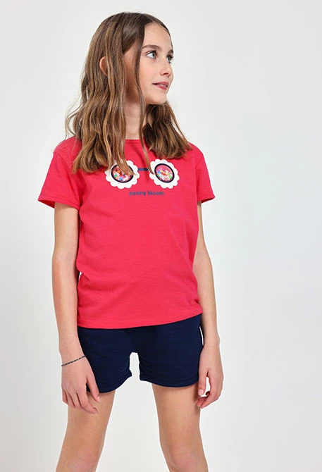 Maglietta a maglia per bambina in colore fragola con stampa